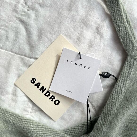 $136 Sandro Soft Wool Olive Green Cream Sweater Tank Top Shirt Large Women's 3 - Picture 2 of 8